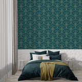 Green and gold Art Nouveau wallpaper styled in elegant dining room with crystal chandelier