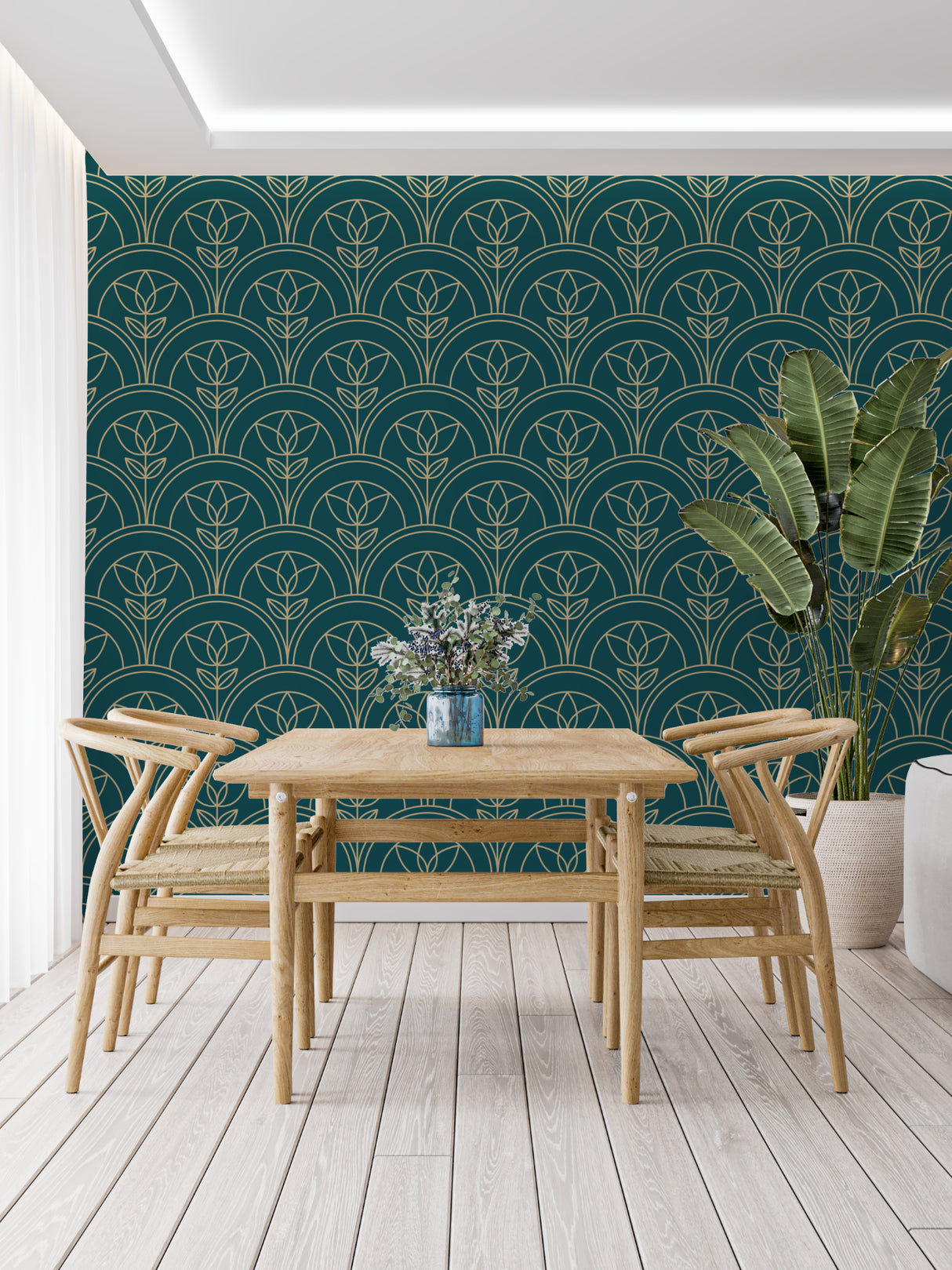 Art Nouveau floral wallpaper bringing luxury to master bedroom with gold accents