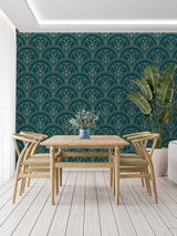 Art Nouveau floral wallpaper bringing luxury to master bedroom with gold accents