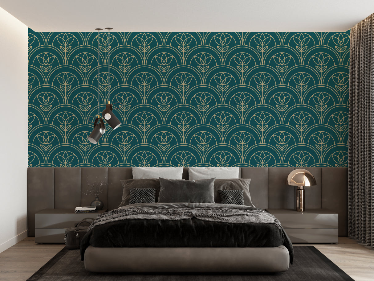 Art Nouveau wallpaper creating focal point in boutique entrance