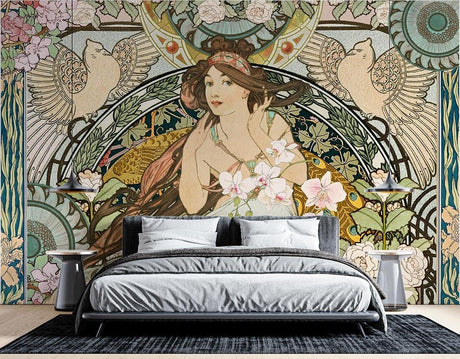 Art Nouveau goddess wallpaper mural in a bright dining room with crystal chandelier and vintage furniture