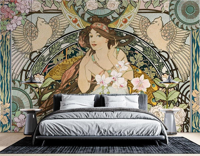 Art Nouveau goddess wallpaper mural in a bright dining room with crystal chandelier and vintage furniture