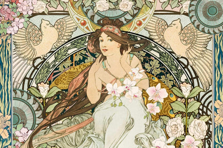 Art Nouveau goddess with birds design file showing intricate floral patterns and golden details