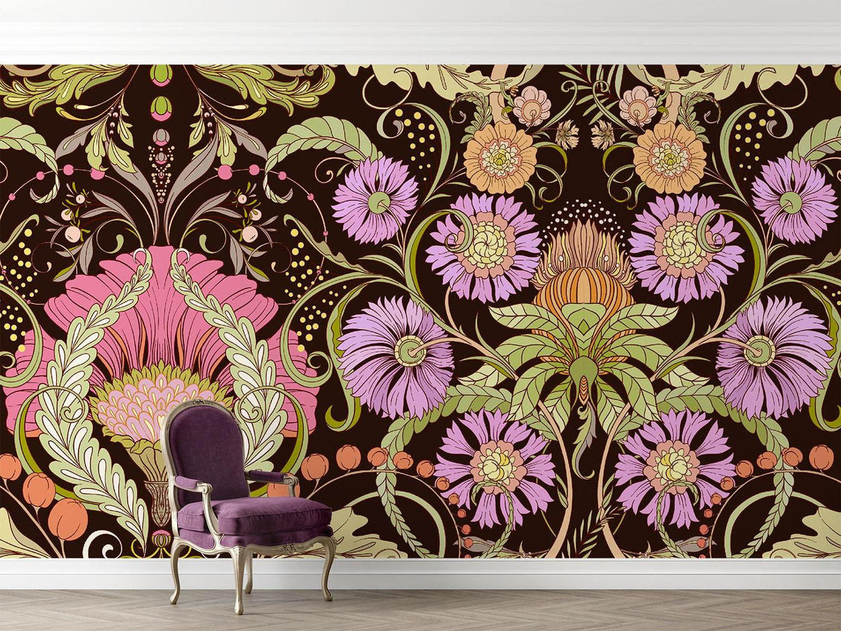 Art Nouveau floral wallpaper in a bright dining room with purple blooms creating an elegant atmosphere