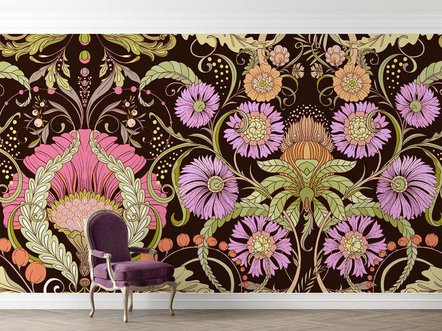 Art Nouveau floral wallpaper in a bright dining room with purple blooms creating an elegant atmosphere