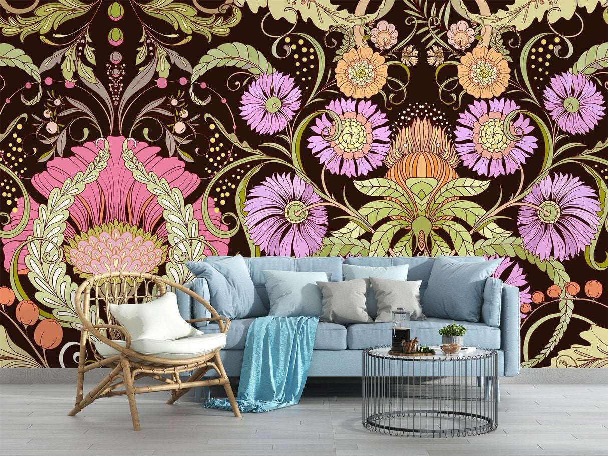 Purple Art Nouveau wallpaper in a master bedroom showing intricate floral details