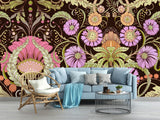 Purple Art Nouveau wallpaper in a master bedroom showing intricate floral details