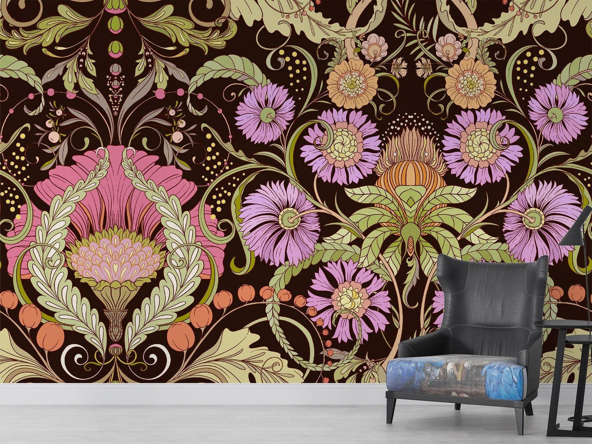 Botanical Art Nouveau mural in a home office with natural lighting