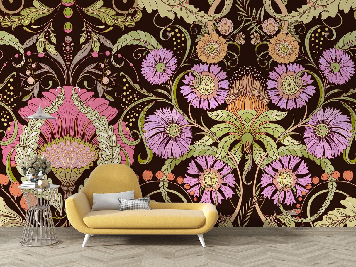 Art Nouveau wall mural displayed in a vintage-style living room