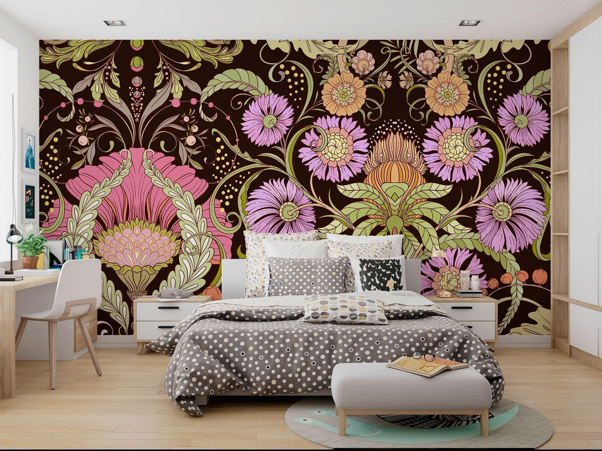 Floral wallpaper pattern shown in a hallway with period furniture