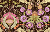 Art Nouveau floral pattern design file showing purple blooms on chocolate brown background