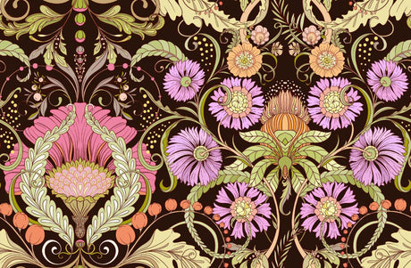 Art Nouveau floral pattern design file showing purple blooms on chocolate brown background