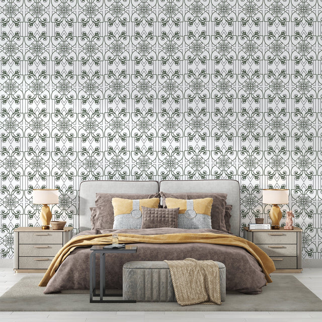 Art Nouveau green floral wallpaper in a bright modern living room showing geometric pattern detail