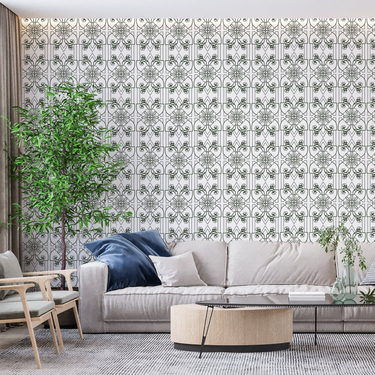 Geometric floral wallpaper bringing Art Nouveau charm to an elegant dining room