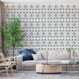Geometric floral wallpaper bringing Art Nouveau charm to an elegant dining room