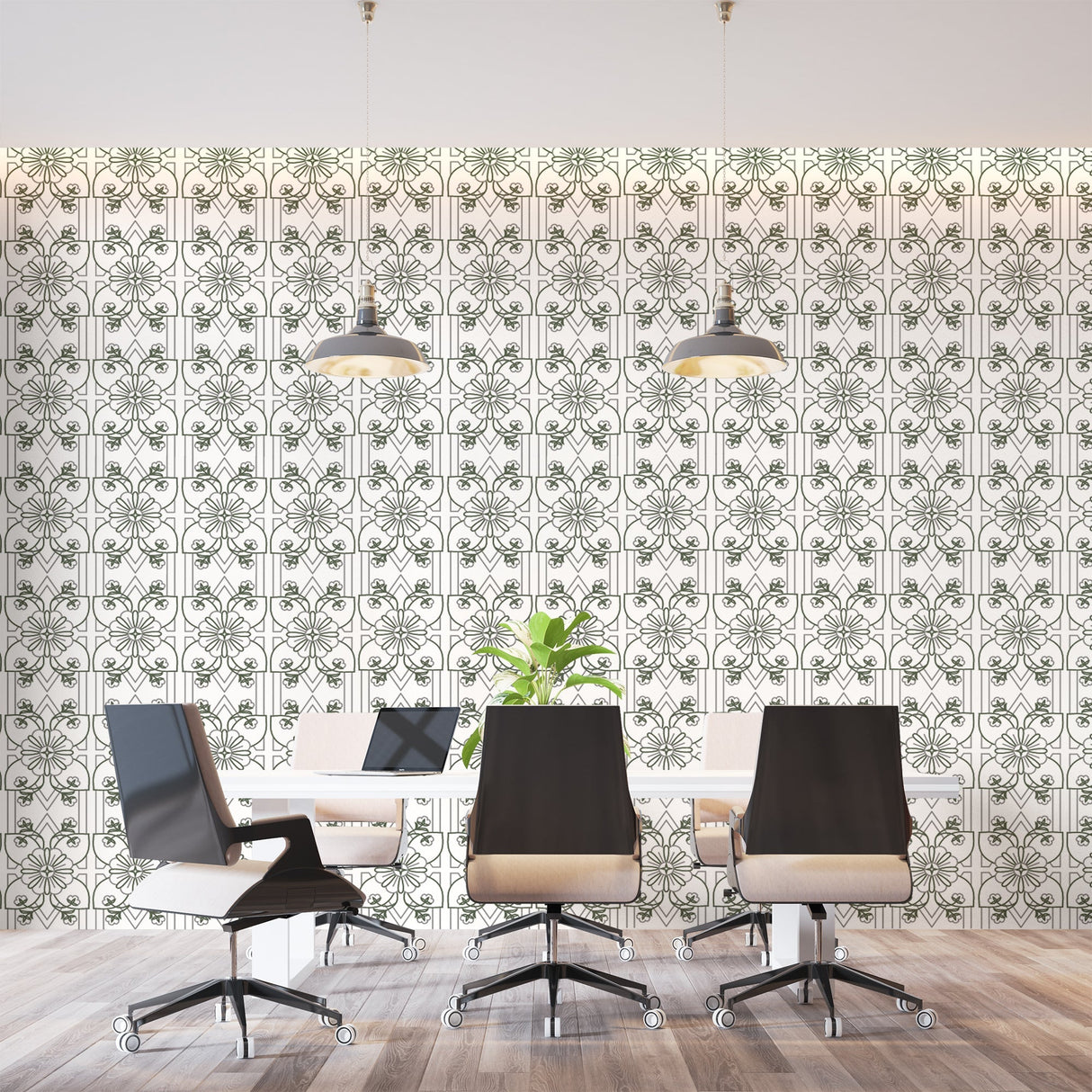 Art Nouveau pattern wallpaper featured in a stylish home office space