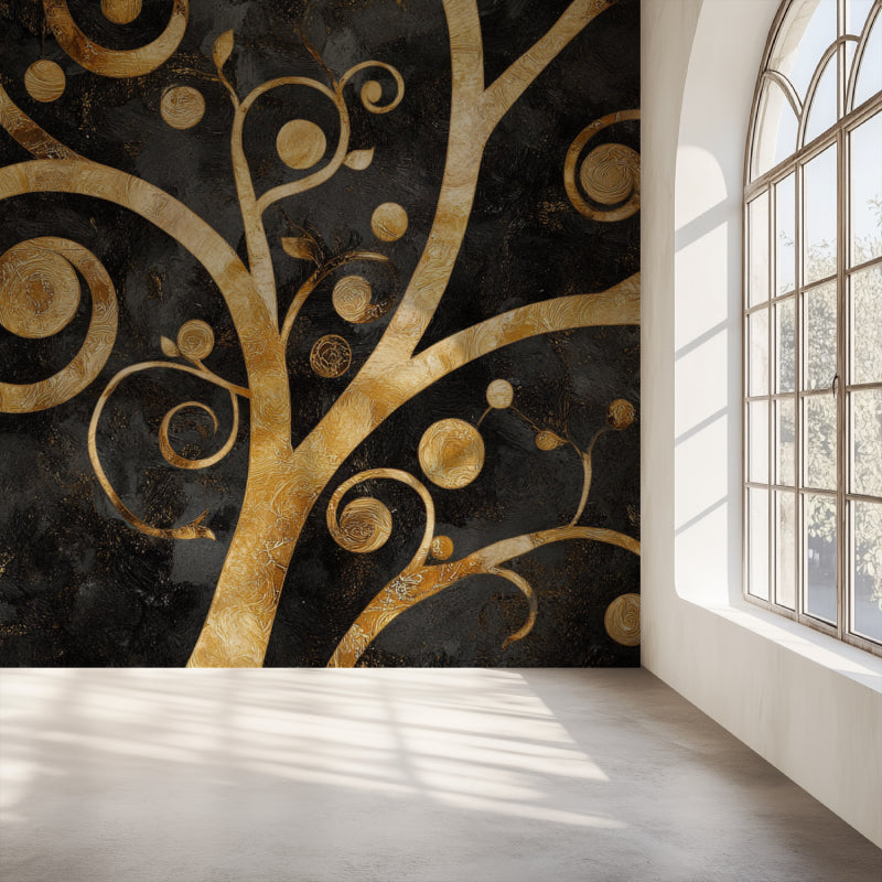 Art Nouveau Tree of Life wallpaper in modern dining room with gold accents and black furniture