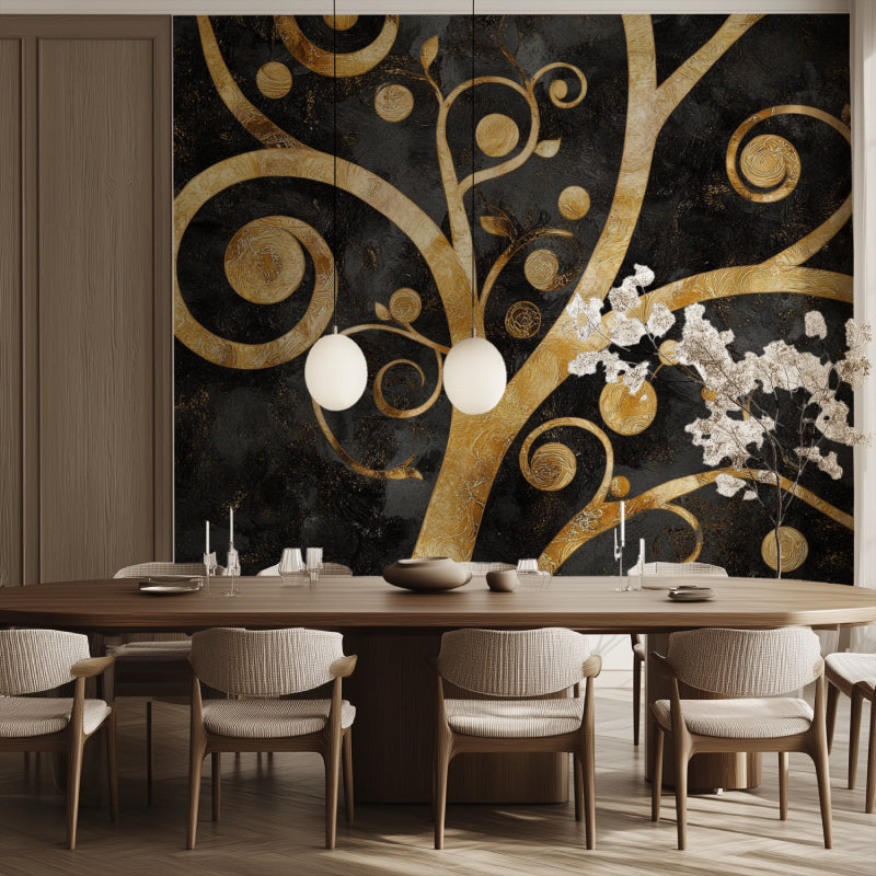 Black and gold Art Nouveau wallpaper creating drama in luxury entrance hall