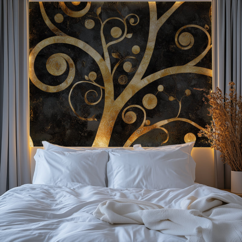Art Nouveau gold tree pattern transforming master bedroom wall