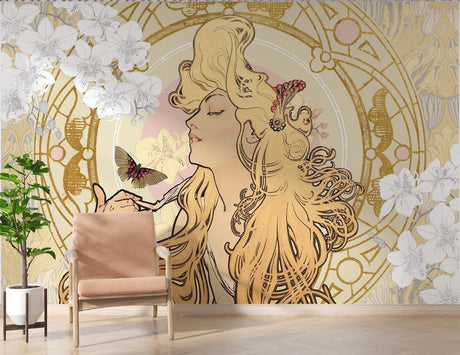 Art Nouveau golden floral wallpaper in a bright living room, showing butterfly design catching light