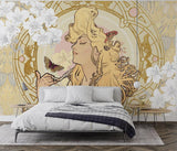 Art Nouveau butterfly wallpaper displayed in an elegant dining room with golden accents