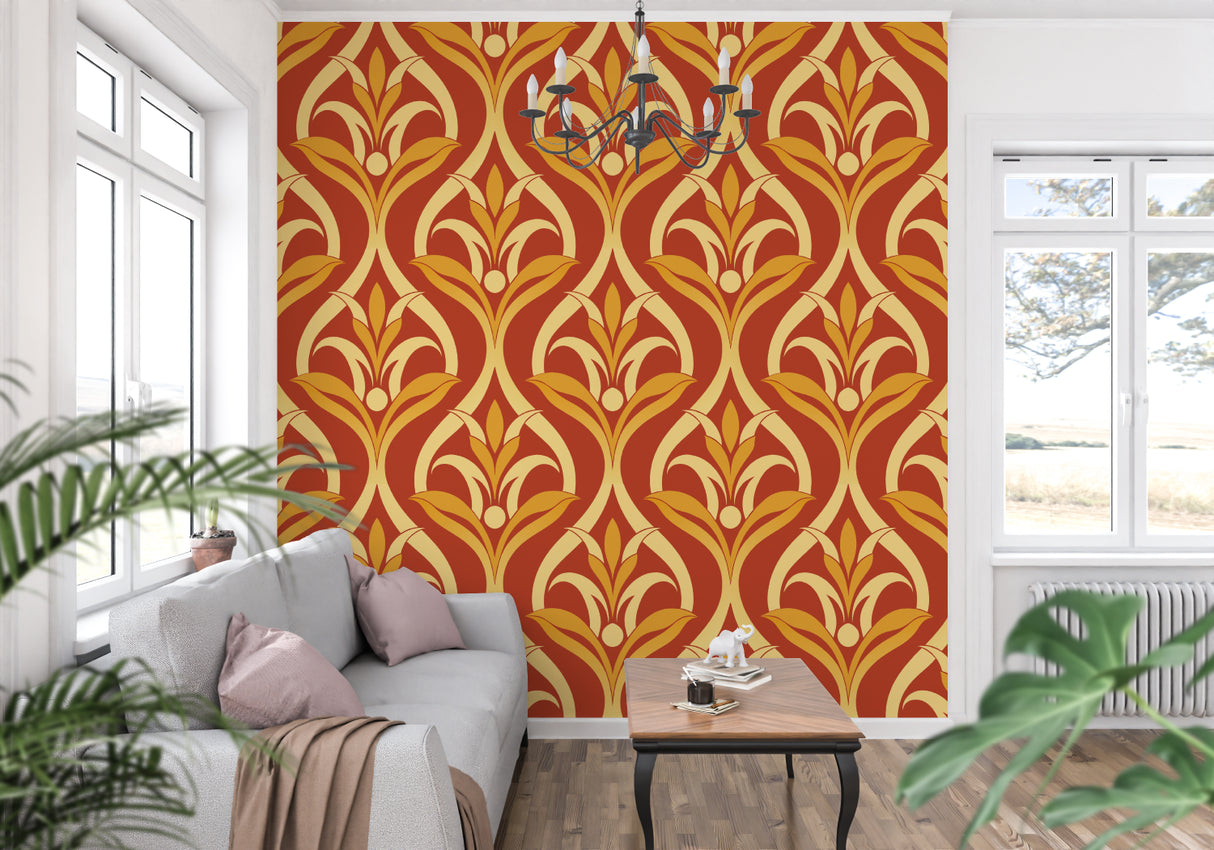 Home office space with terracotta and gold art nouveau wallpaper design