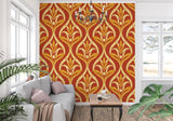 Home office space with terracotta and gold art nouveau wallpaper design