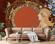 Art Nouveau butterfly wallpaper in an elegant dining room with gold accents and modern furniture