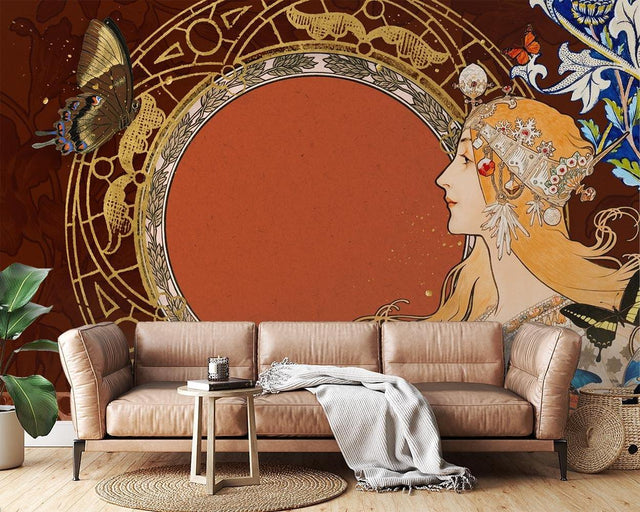 Art Nouveau butterfly wallpaper in an elegant dining room with gold accents and modern furniture