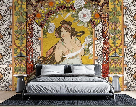 Art Nouveau floral wallpaper creating an elegant statement wall in a bright living room with gold accents