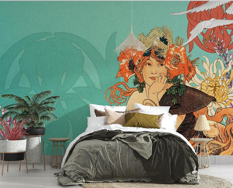 Art Nouveau floral wallpaper creating a stunning focal point in a bright living room with orange and green accents