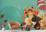 Vintage Art Nouveau wallpaper with orange poppies bringing elegance to a modern dining room setting