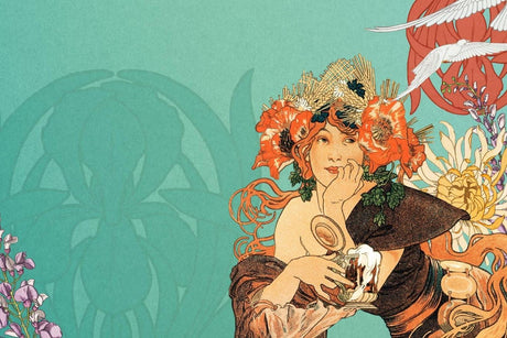 Art Nouveau floral design file showing detailed orange poppies and swallows pattern on teal background