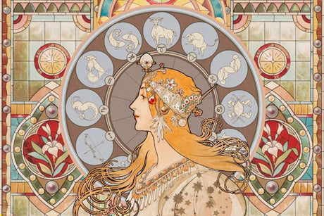 Art Nouveau zodiac stained glass design file showing intricate pattern details and rich colors