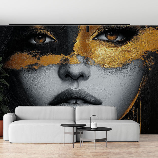 Black and gold portrait wallpaper making a bold statement in a modern living room with minimal furniture