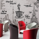 Coffee Shop Mural Wallpaper | Paris Skyline with Vintage Menu Design