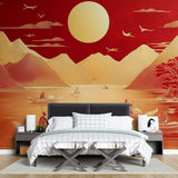 Asian landscape mural displayed in a modern living room, golden mountains reflecting on calm waters create depth and warmth