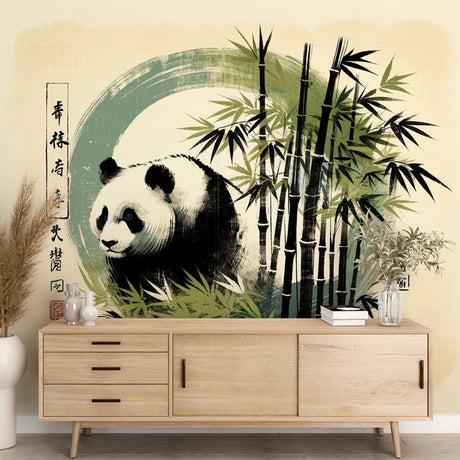 Asian Panda wallpaper creating a peaceful atmosphere in a modern living room with minimal furniture