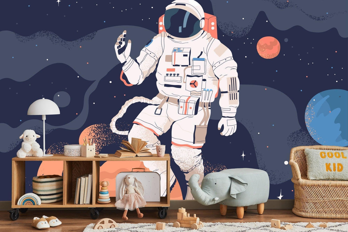 Space Mural Wallpaper | Astronaut Adventure with Coral Planets