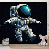 Space explorer wallpaper shown in a bright kids bedroom, featuring cartoon astronaut floating among stars
