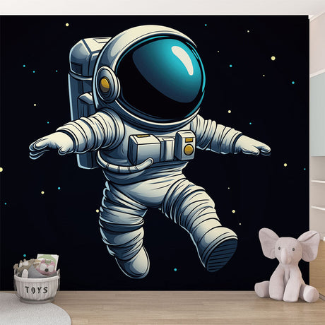 Space explorer wallpaper shown in a bright kids bedroom, featuring cartoon astronaut floating among stars