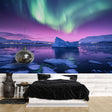 Aurora Borealis wallpaper creates a magical atmosphere in a modern bedroom, northern lights dancing across the walls