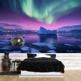 Aurora Borealis wallpaper creates a magical atmosphere in a modern bedroom, northern lights dancing across the walls