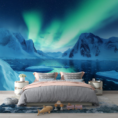 Aurora Borealis wall mural creating a magical atmosphere in a modern living room with minimal furniture
