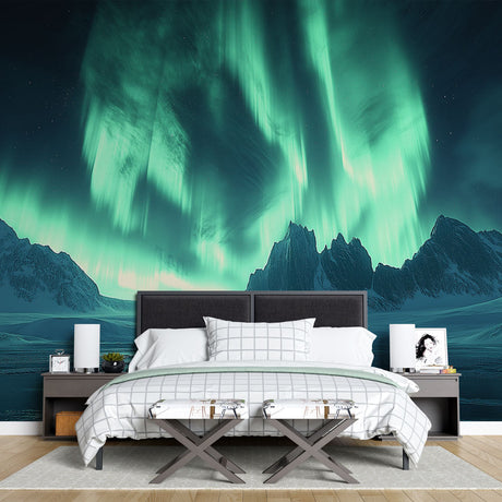 Aurora Borealis wallpaper mural creating a stunning focal point in a modern living room with soft ambient lighting