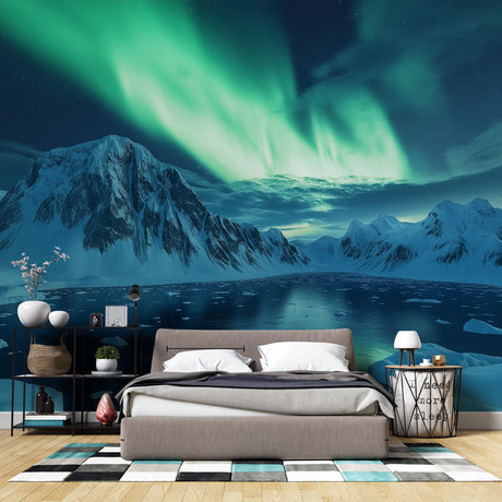 Northern lights wallpaper creates a magical atmosphere in a modern bedroom, green aurora dancing above mountains