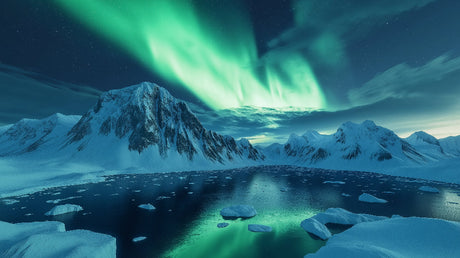 Aurora borealis wallpaper design file showing detailed mountain lake scene with dancing northern lights