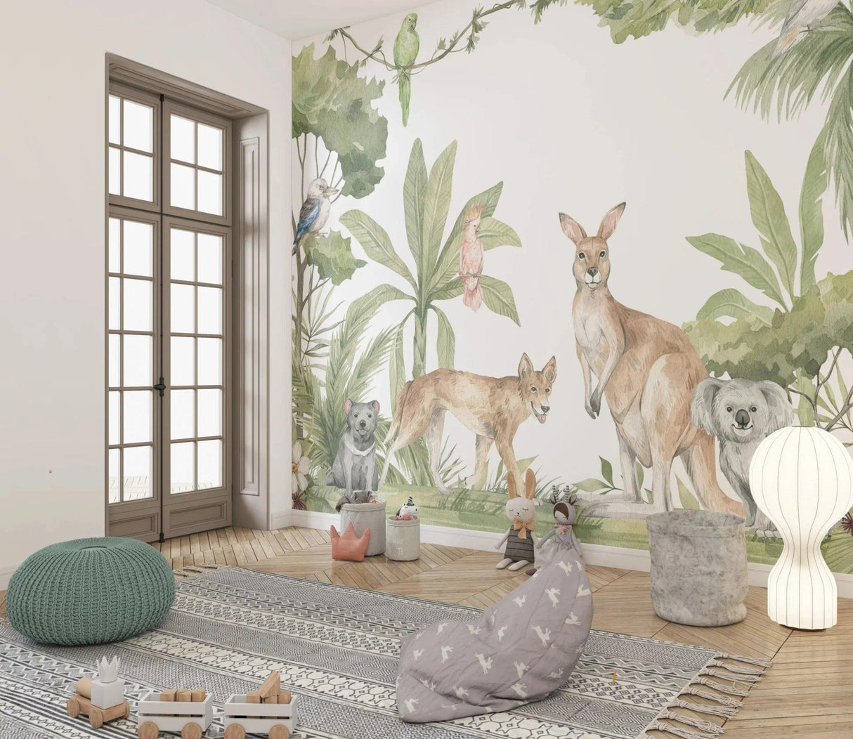 Australian wildlife wallpaper creating a cozy atmosphere in a modern nursery with natural light