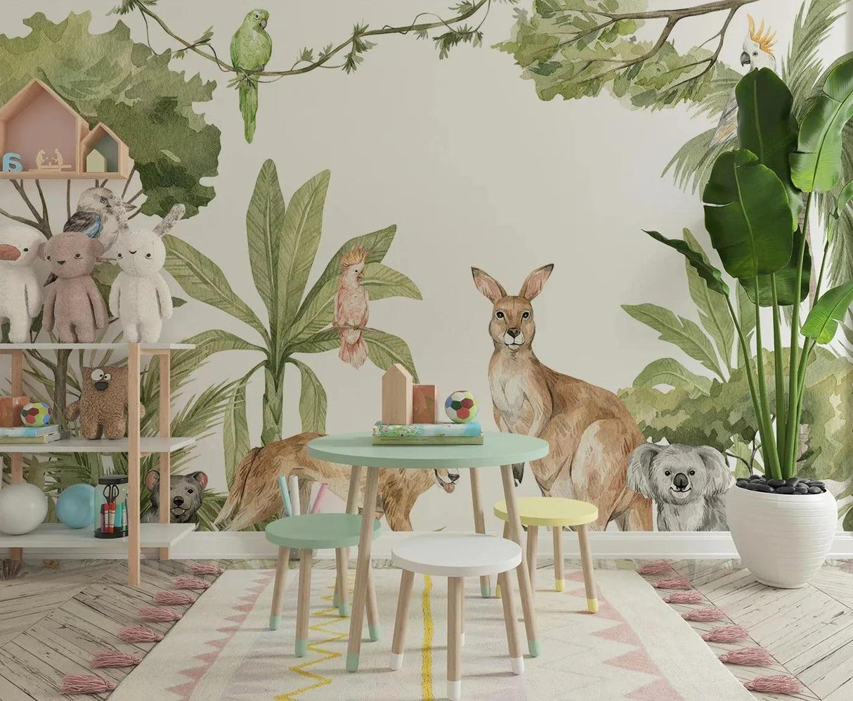 Watercolor Australian animals mural bringing life to a kids' playroom with reading nook