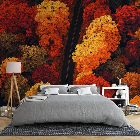 Autumn forest wallpaper mural creating a dramatic statement wall in a modern living room with high ceilings